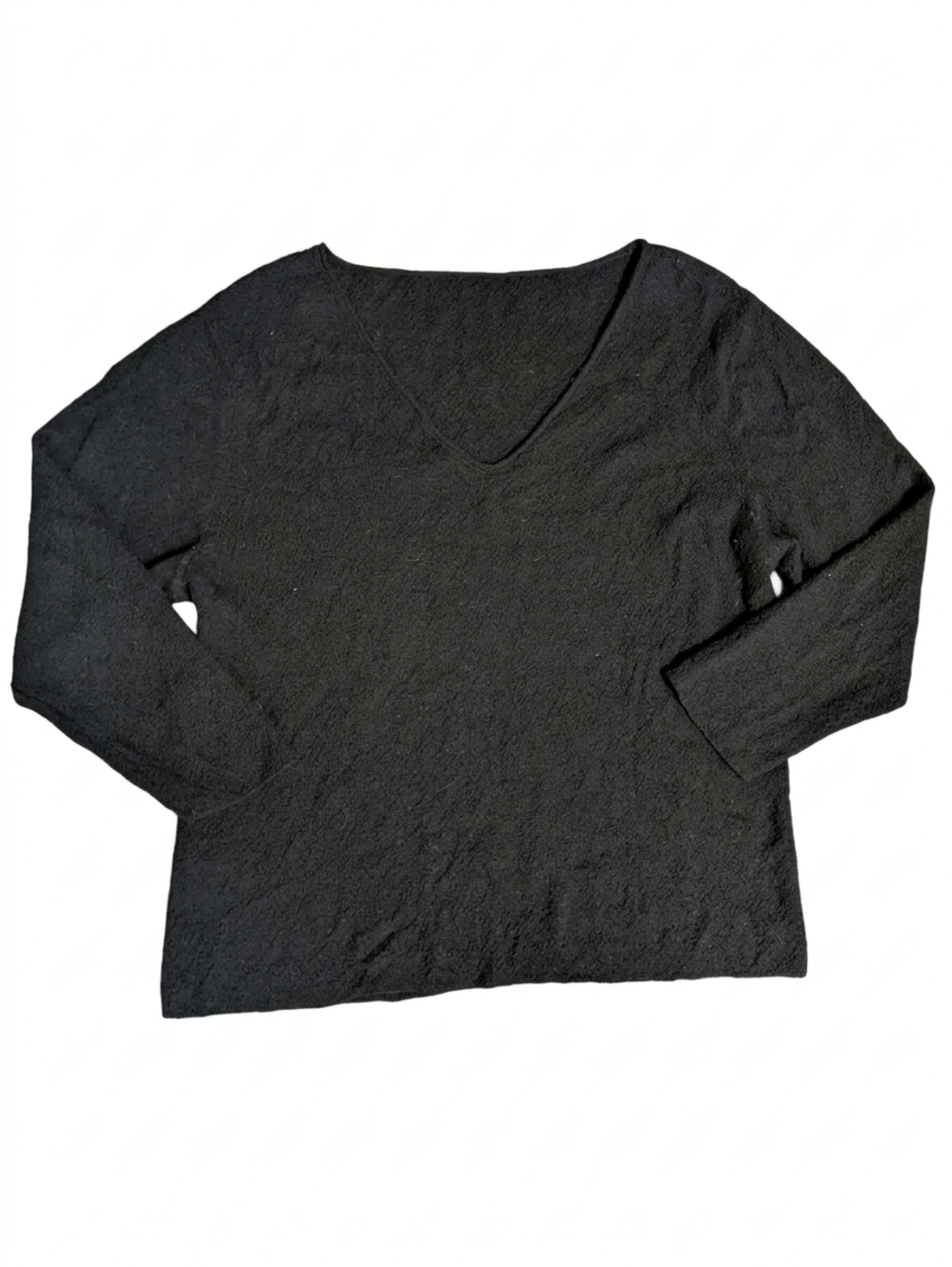 EILEEN FISHER Black Textured Wool Blend V-Neck Sweater Top Boxy Minimalist M